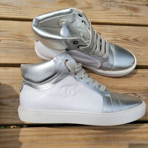 CHANEL CALFSKIN  WHITE AND SILVER PATENT HIGH TOP SNEAKERS 8 Us Woman